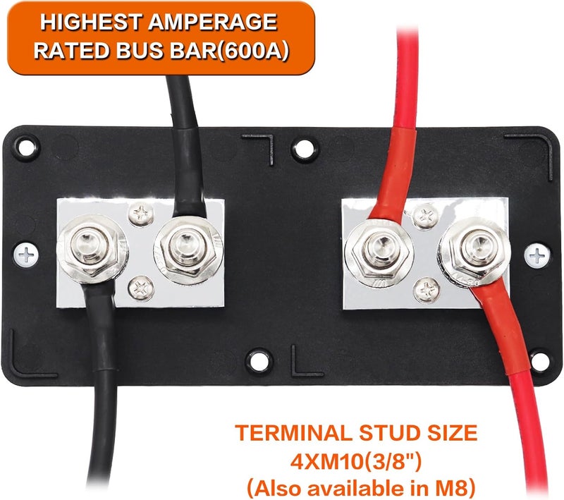 AMOMD 600A 48V Bus Bar Box 4 Stud (3/8 inch) M10 High Current Tin Plated Copper Distribution Block Positive Negative Independent Modules Electrical Battery Ground Buss Bar with Cover for RV Marine - Image 4